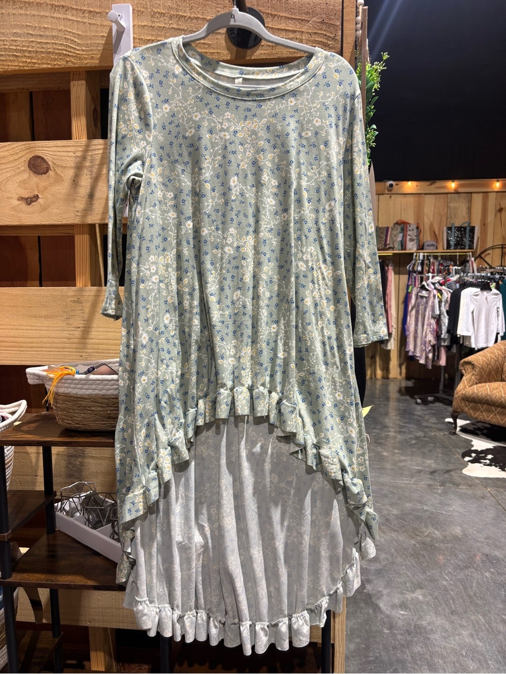 Celeste Sage Green Floral High-Low Ruffle Tunic